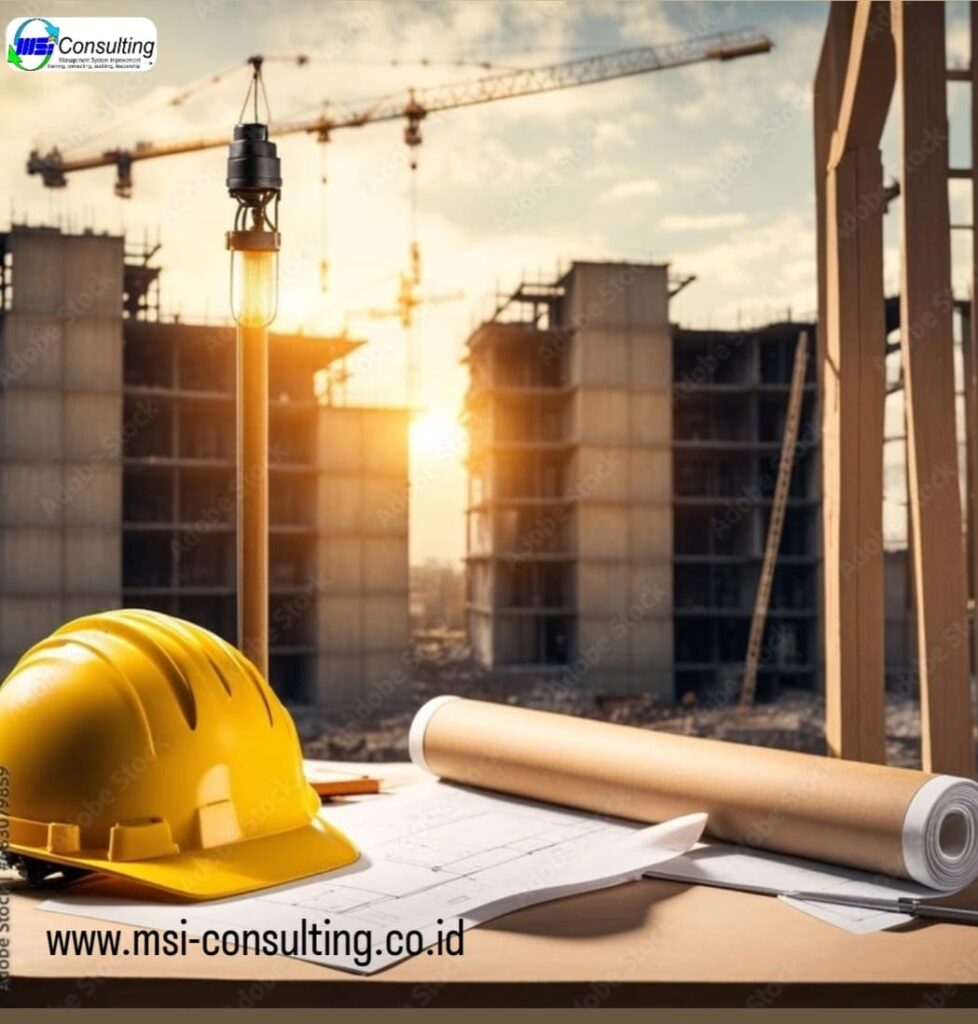 training Ahli K3 utama konstruksi sedang mempelajari prosedur keselamatan kerja di lokasi proyek konstruksi dengan panduan dari trainer profesional