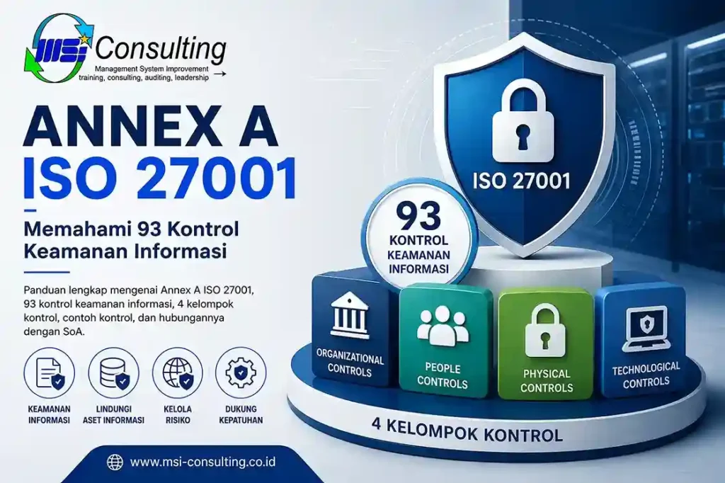 Annex A ISO 27001:2022 menjelaskan 93 kontrol keamanan informasi untuk mendukung penerapan Sistem Manajemen Keamanan Informasi (SMKI)