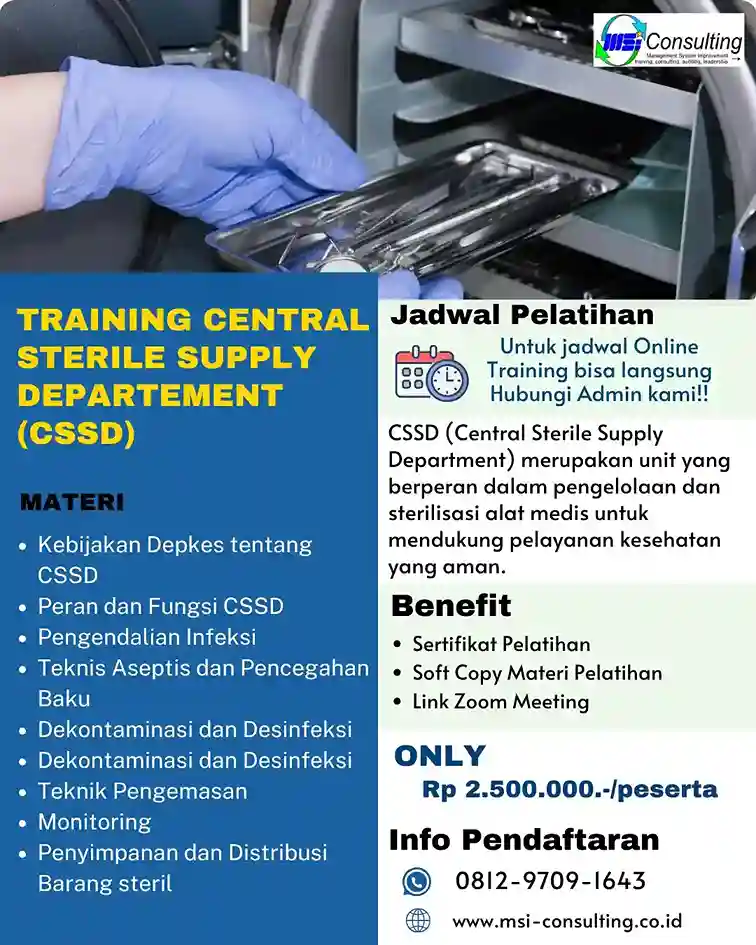Brosur Training Central Sterile Supply Department (CSSD) dengan informasi program pelatihan sterilisasi peralatan medis
