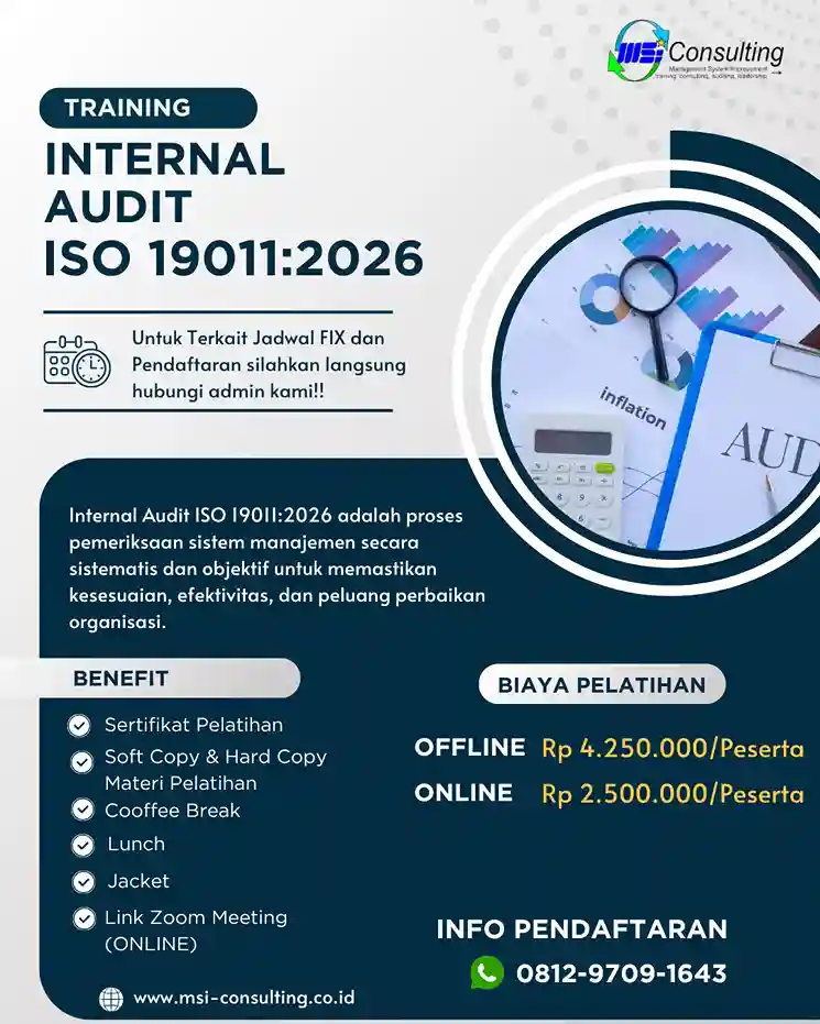 Brosur Training Internal Audit ISO 19011 2026 untuk meningkatkan kompetensi audit sistem manajemen